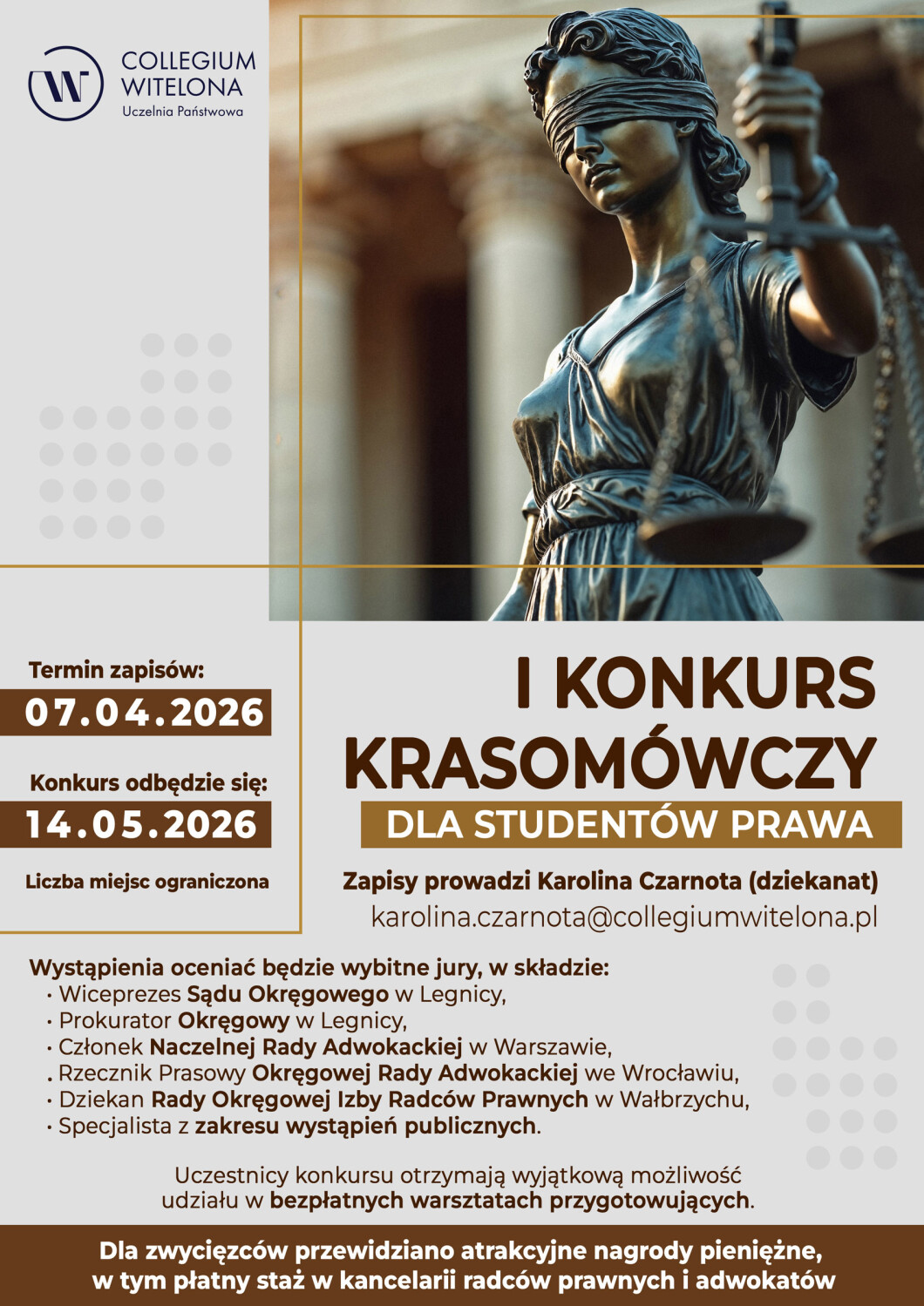 Plakat I Konkursu Krasomówczego dla Studentów Prawa Collegium Witelona. Na grafice rzeźba Temidy na tle kolumnady. Kluczowe informacje są zawarte w artykule.