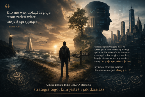 Człowiek stojący tyłem patrzący na świat z jednej strony bogaty z wieżowcami , z drugiej łagodny z okrętem