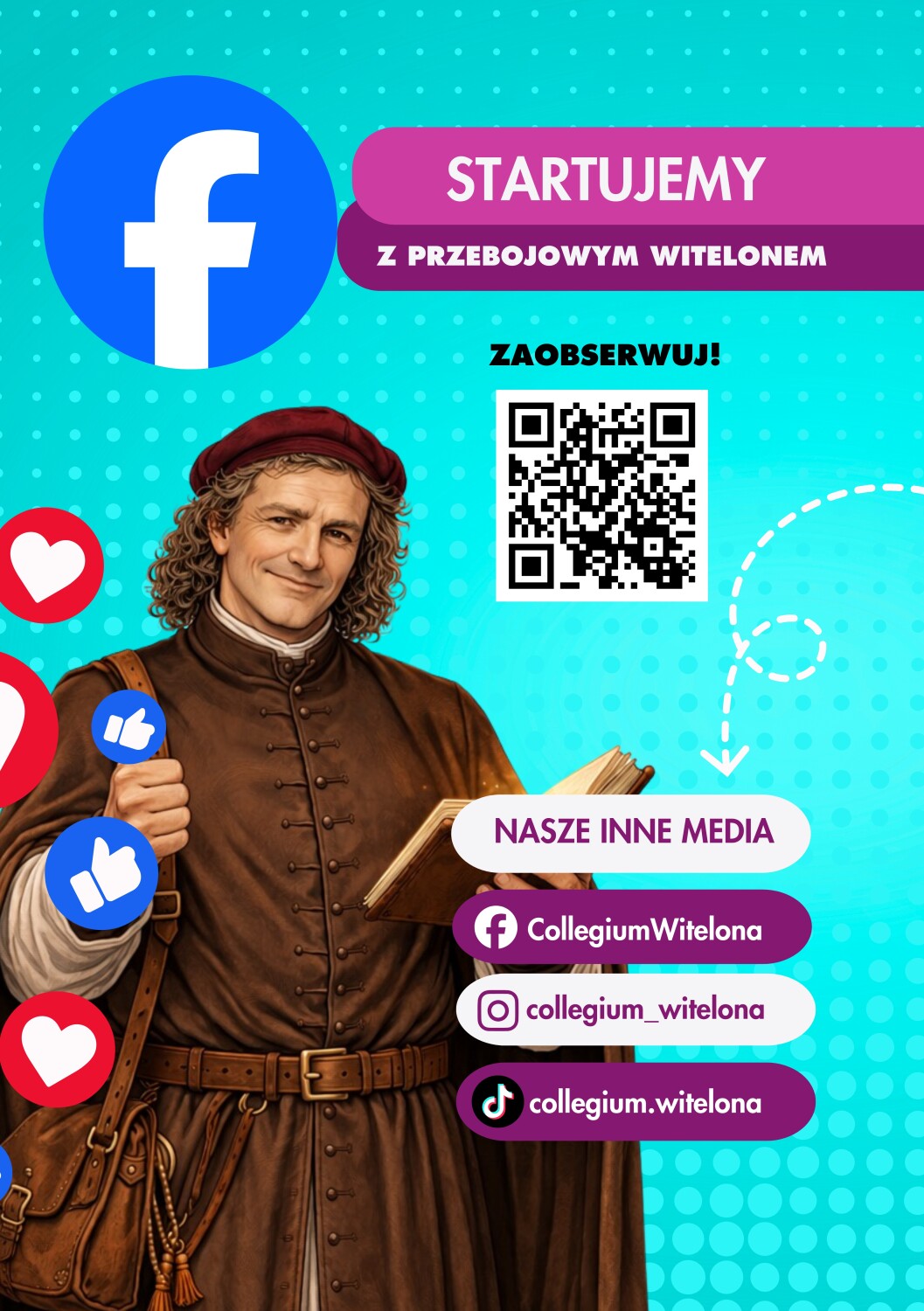 Grafika promocyjna w żywych kolorach (turkus i fiolet), zachęcająca do śledzenia mediów społecznościowych uczelni Collegium Witelona.