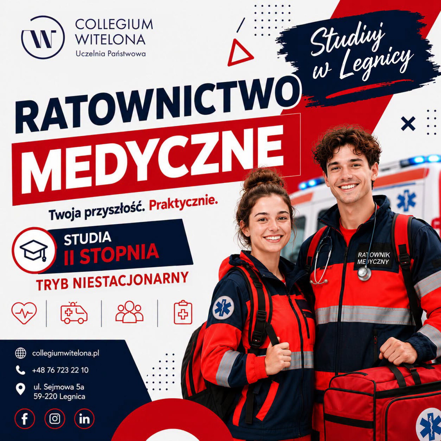Plakat reklamowy studiów II stopnia na kierunku Ratownictwo Medyczne (tryb niestacjonarny) w Collegium Witelona Uczelnia Państwowa w Legnicy.
