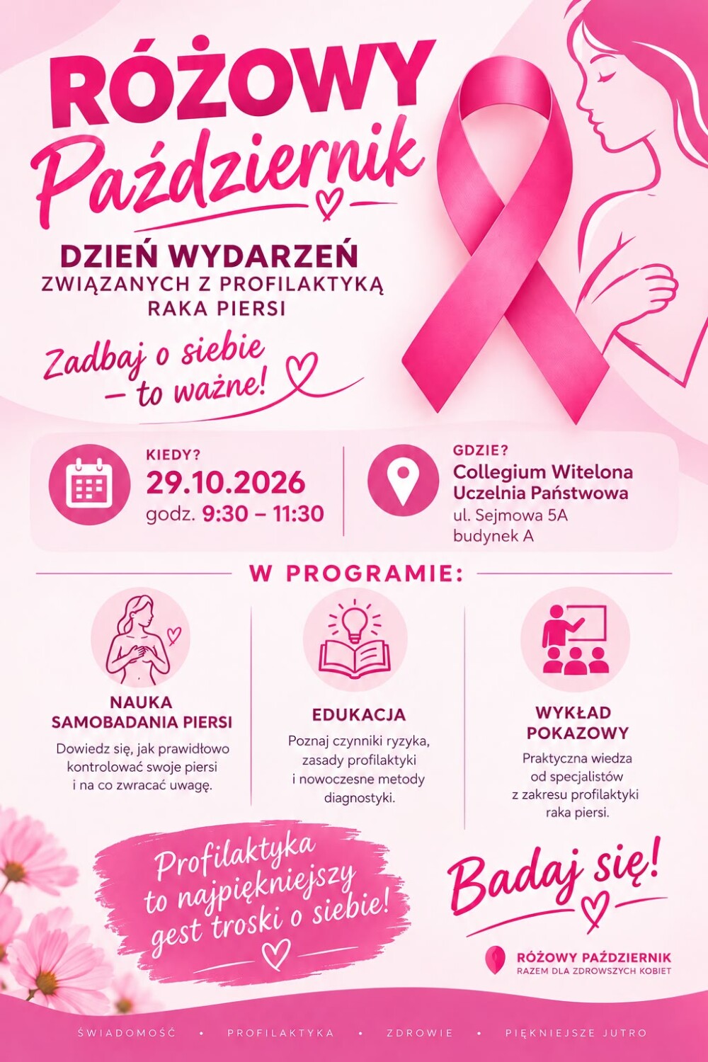 plakat o wydarzeniu Różowy Październik - zadbaj o zdrowie i poznaj zasady samobadania piersi!